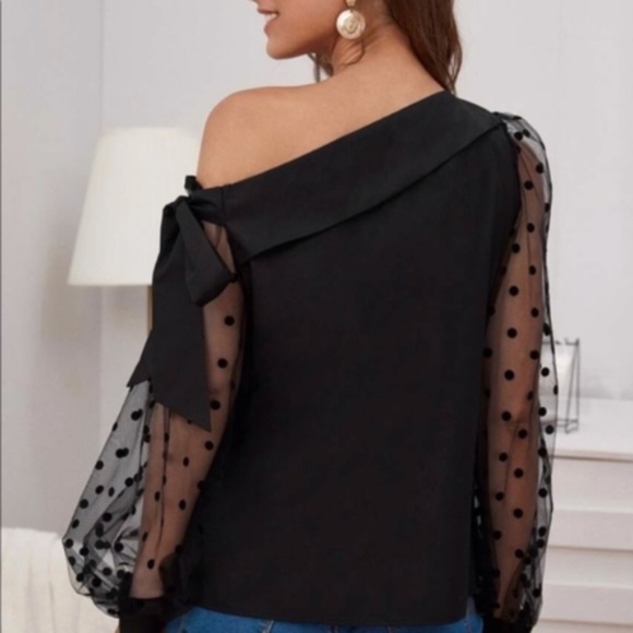 Black Polka Dot One Shoulder Sheer Sleeve Blouse - Picture 2 of 6